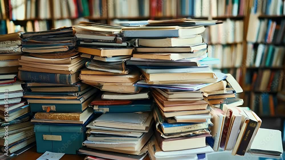 Overwhelmed Bookshelf with Tall Stack of Books with Brown Cover at Table in Library Full of Vintage and Antique Collection Overwhelmed Bookshelf with Tall Stack of Books with Brown Cover at Table in Library Full of Vintage and Antique Collection