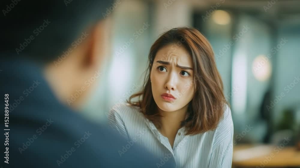 Intense Disagreement: A woman in office is facing a challenge with a worried expression, during tense office conversation. Intense Disagreement: A woman in office is facing a challenge with a worried expression, during tense office conversation.