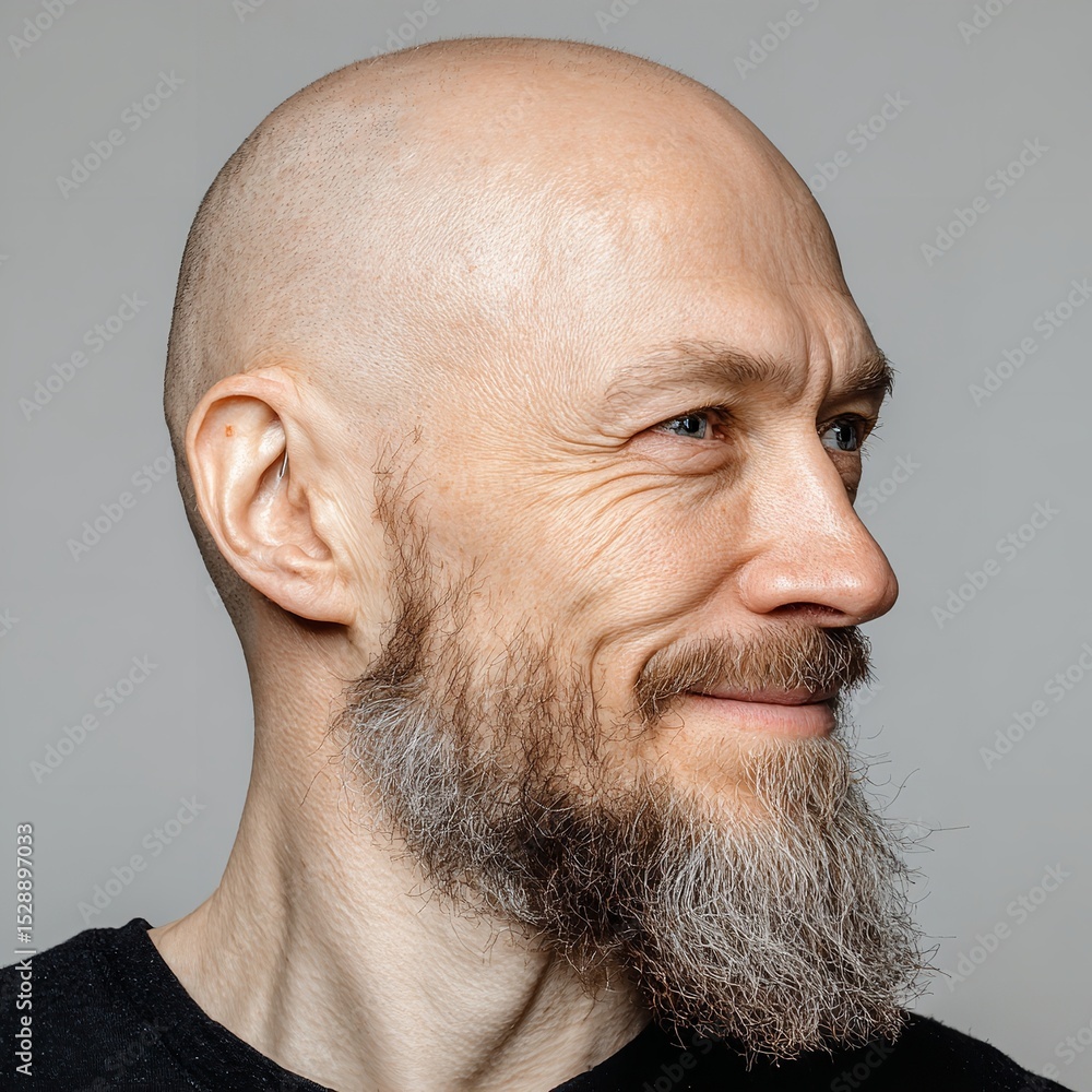 Fototapeta premium Portrait of bald man with beard looking away in studio for headshot or profile picture reference use