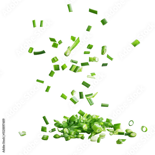 Falling green onion slices create a vibrant display on a white background, Falling green onion slices, cut chives isolated on white background