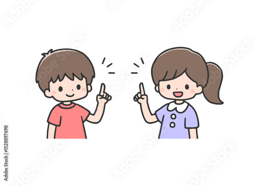 指差しポーズの男の子と女の子　上半身
