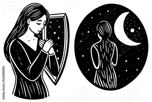 Woman gazing into a starry mirror reflection