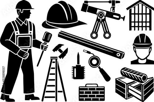 Construction worker and essential tools icons