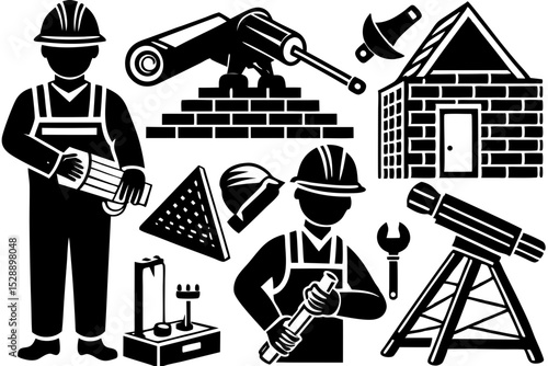 Construction worker icons tools and building process