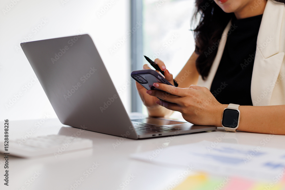 Laptop, Phone, hand and business woman with cellphone in office for online email communication for corporate review. Technology and hr with computer and phone for reading company policy on internet,
Laptop, Phone, hand and business woman with cellphone in office for online email communication for corporate review. Technology and hr with computer and phone for reading company policy on internet,