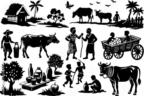 Rural african village life black and white illustrations