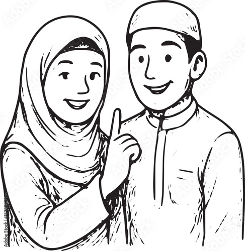 A joyful Muslim couple in hijab and cap, smiling warmly, highlighting happiness and cultural pride in a monochrome sketch