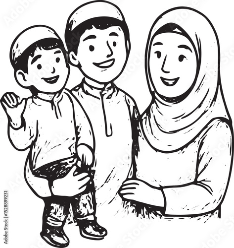 llustration of a father holding a child, both in modest clothing, showcasing tender parental love and Islamic family values