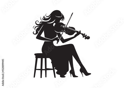 A woman playing the violin. She is sitting on a stool and is holding the bow with both hand Silhouette Vector