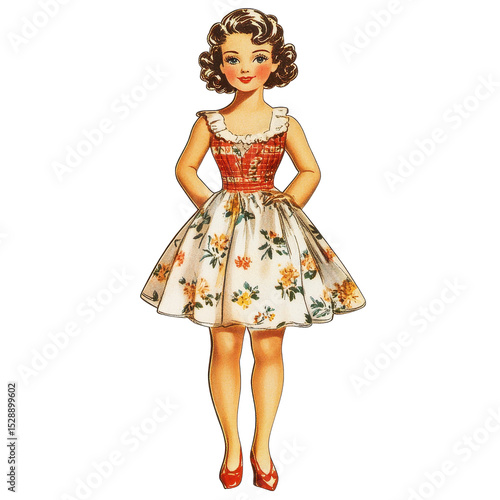 Vintage paper doll displays charming 1950s fashion with floral print dress and red shoes, This vintage paper doll exudes the charm of the 1950s era white or Transparent background backdrop