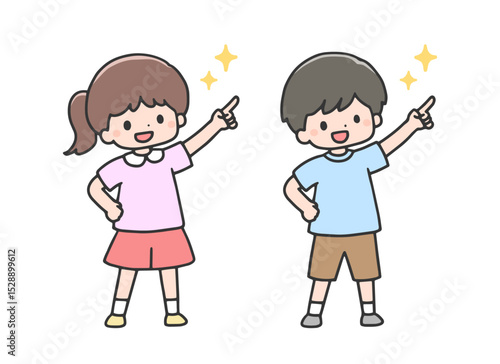 指差しポーズの女の子と男の子