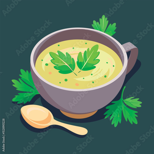Creamy soup with fresh parsley.