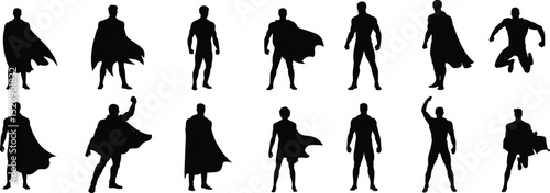 Dynamic Superhero Silhouettes: Powerful Figures with Capes in Various Poses, Ideal for Comic, Fantasy, Strength, and Brave Themed Designs