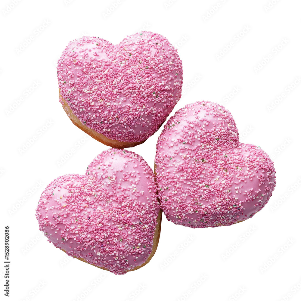 Obraz premium Delicious pink heart shaped donuts with sprinkles isolated on a clean Transparent background, Pink heart shaped donuts isolated on PNG background
