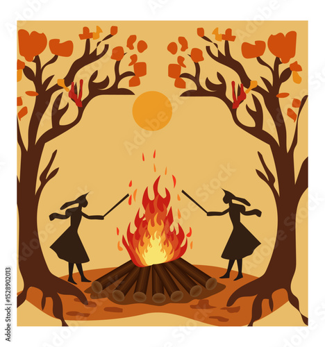 Festive Walpurgis Night Dance Around the Bonfire Illustration-01