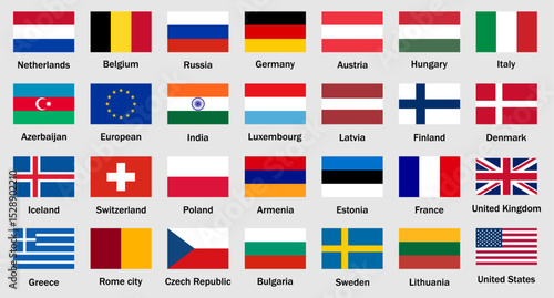 Collection of world national flags with country names. World country flags set. Set of international country flags. including USA, UK, India, Germany, France, and others. Vector illustration.