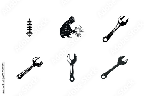 Mechanic tools and welder silhouette icons