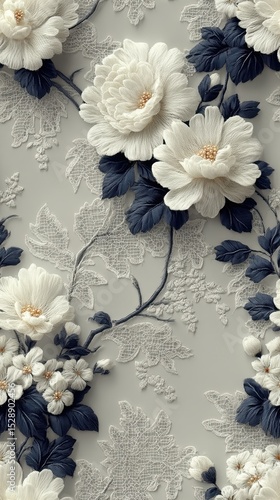 Elegant white embroidered flowers with blue leaves on a lace background.