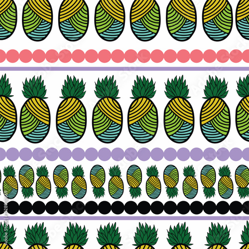 abstract pineapples with stripes colorful seamless pattern. Abstract colorful line art pineapples with colorful rounded stripes seamless pattern. It is goof for tiles, decoration, packaging and more.