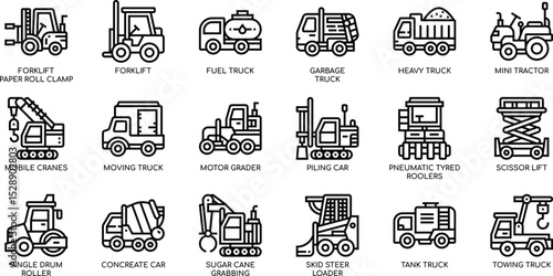 Collection of Construction Vehicles Forklifts, Trucks, and Heavy Equipment Icons - 328.eps