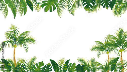 水彩風　トロピカル熱帯植物のセット飾りフレーム3（16:9）Summer Tropical Series:Watercolor Tropical Frame: Leaves,Palm Trees