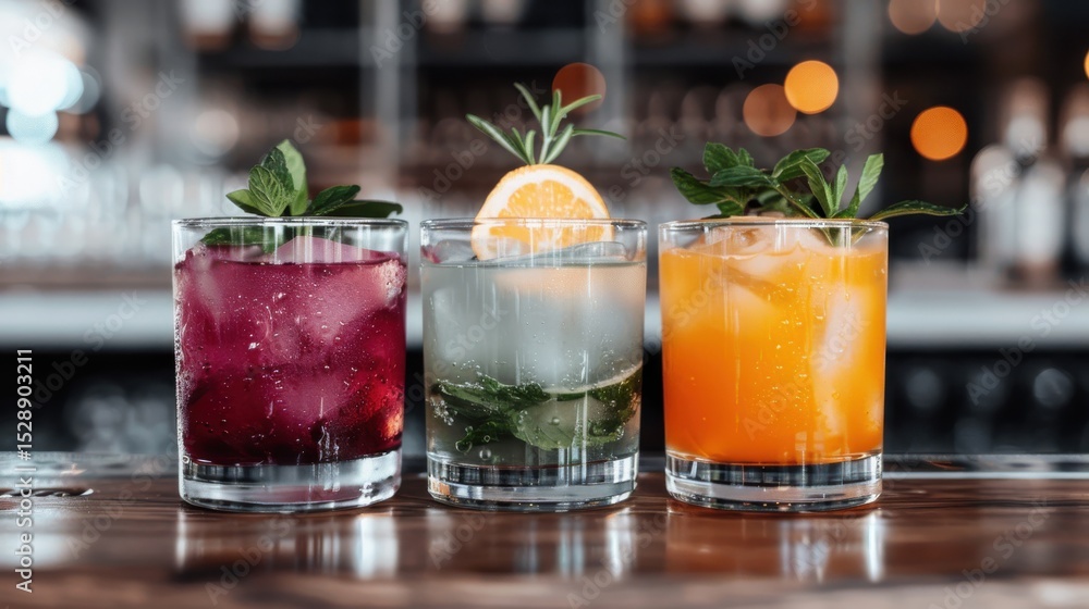 Fototapeta premium This vibrant image features an assortment of colorful cocktails in chic glassware, each garnished with fresh herbs and fruits, perfect for enticing a fun, festive mood.
