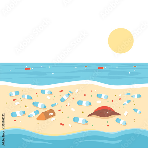 Plastic Pollution on a Sunny Beach: Environmental Illustration