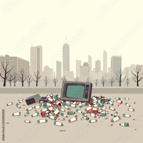 Abandoned Television and Scattered Pills in Urban Landscape