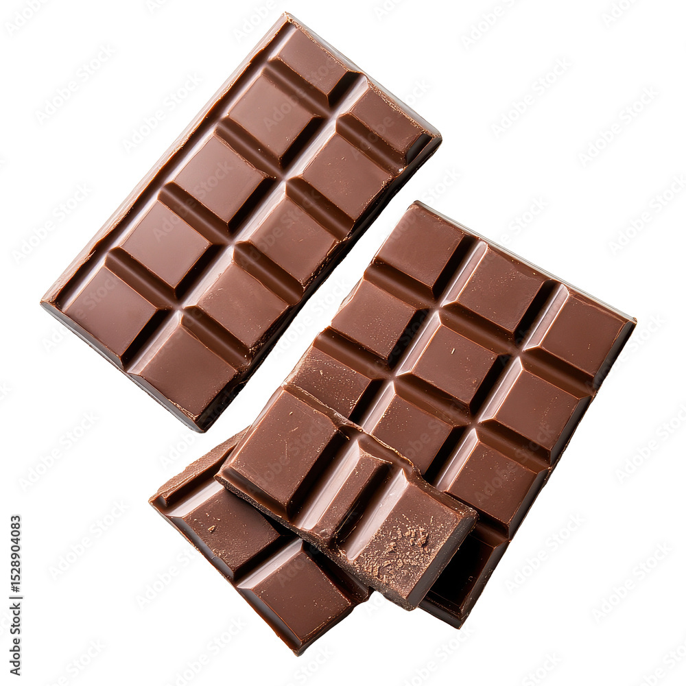 Chocolate bars displayed on a clean white background capturing delicious textures and rich cocoa flavor, Chocolate bars insolated on white background Chocolate bars displayed on a clean white background capturing delicious textures and rich cocoa flavor, Chocolate bars insolated on white background