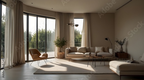 Minimalistic room with natural light and beige decor. generative.ai