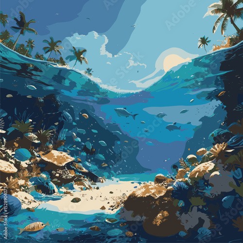 Underwater Paradise: Tropical Reef and Palm Trees