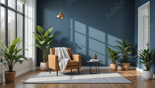 Modern interior of living room with leather armchair on wood flooring and dark blue wall