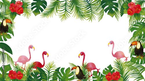 水彩風　フラミンゴとオオハシとトロピカル熱帯植物のセット飾りフレーム2（16:9）Summer Tropical Series:Watercolor Tropicall Frame with Leaves,Birds,Hibiscus