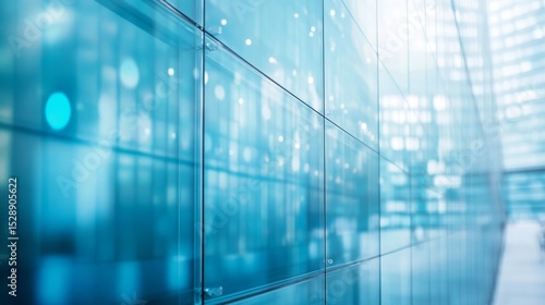 Blurred glass facade of contemporary corporate office building in modern business district with soft reflections, ideal for technology, innovation, or corporate background themes




