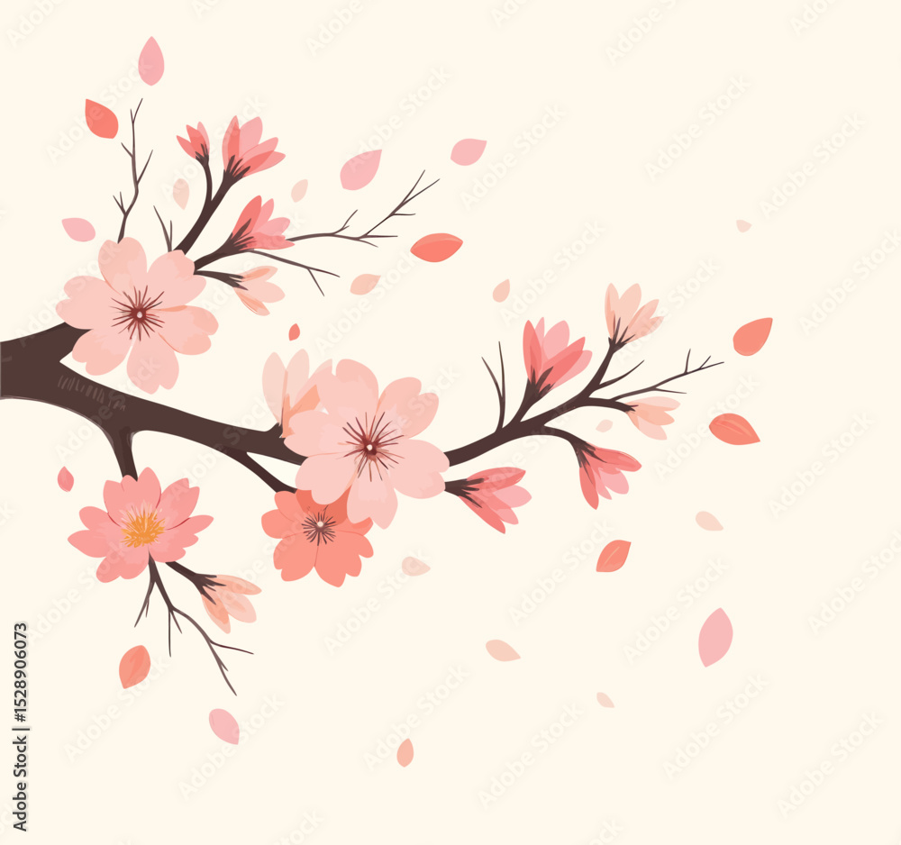 Naklejka premium Blossoming Cherry Tree Branch with Falling Petals in Spring