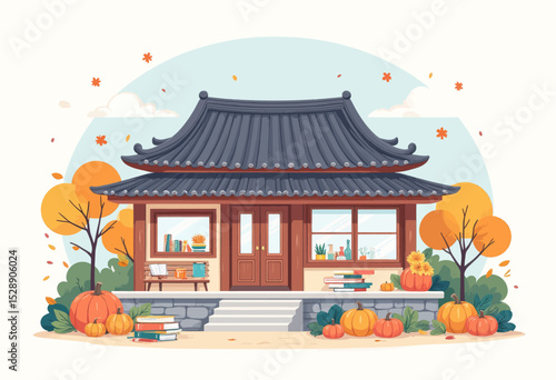 Autumnal Asian Library with Pumpkins and Books