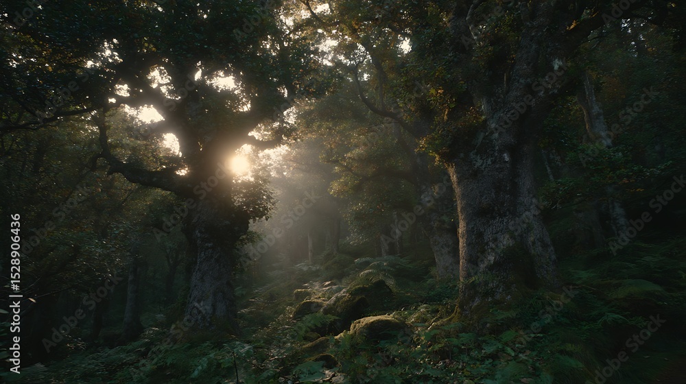 Obraz premium Enchanted forest with sunlit trees view