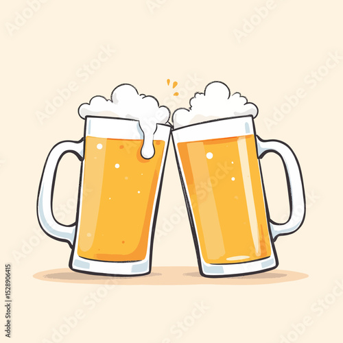Cheers with Two Full Beer Mugs on Table