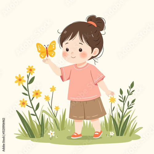 Child in Garden with Butterfly and Flowers