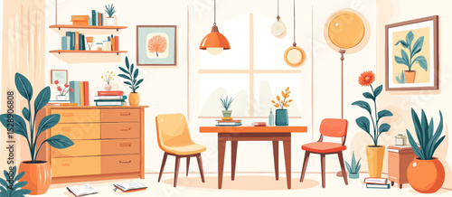 Cozy Study Nook with Warm Decor and Greenery