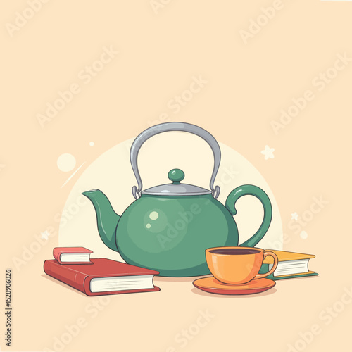 Cozy Tea Time with Books and Warm Drink