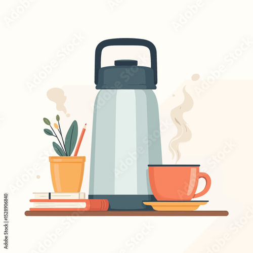 Cozy Workspace with Steaming Coffee and Plant