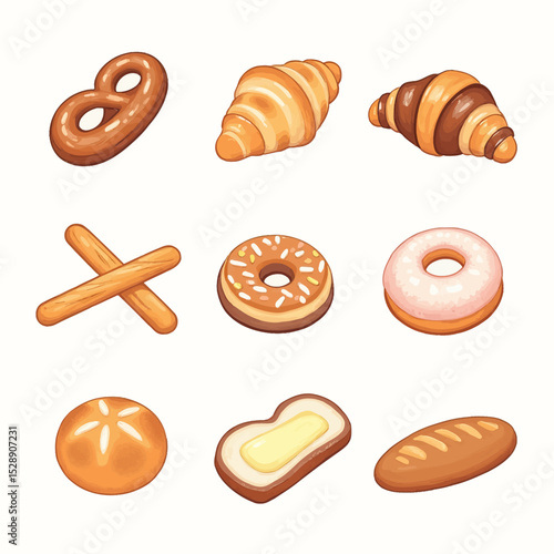 Delicious Bakery Treats: Croissants, Donuts, Breads in Warm Tones