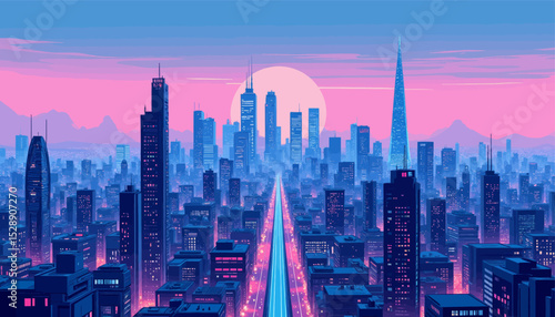 Dazzling Cityscape at Dusk with Neon Lights and Moon