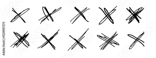 Grunge crosses, X marks, emphasis accentuation hand-drawn elements. Rejected sign marker striking out reject sign, sketchy brush stroke. Isolated. Vector illustration