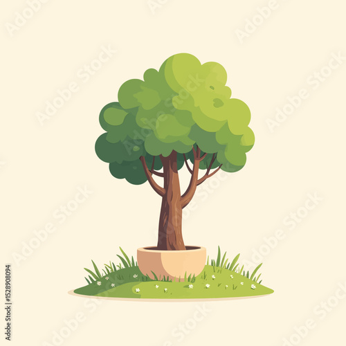 Lush Tree in Pot on Green Meadow with White Flowers