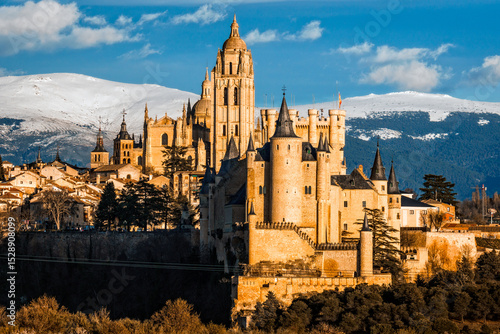 Wonderful view of Segovia featuring the Alcazar, cathedral, and Guadarrama mountains.