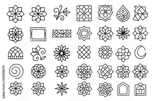 Islamic Mandala Icons Set: Arabesque, Floral Patterns, Geometric Designs, Crescent Moon, Mosque, Ornamental Art, Symmetry, Cultural Decor, Traditional Motifs, Flower Shapes, Spiral Elements, Frame Des