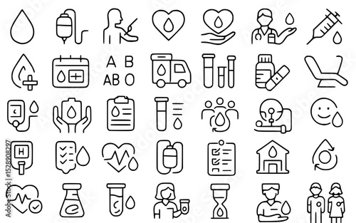 Blood Donation Icons Set: Blood Drop, Heart, Doctor, Nurse, Syringe, IV Drip, Ambulance, Test Tubes, Medicine, Bandage, Hospital Bed, Calendar, Blood Types, Donation Hands, Health, Care, Community, Bl