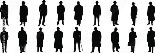 Black vector silhouettes of people walking, including a man and woman in business suits, outlining human body anatomy